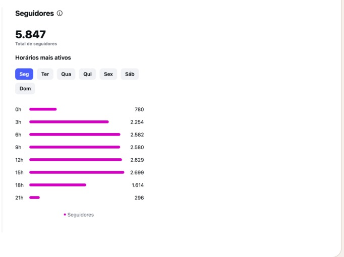 Painel do Instagram: 5.847 seguidores e horários de maior atividade